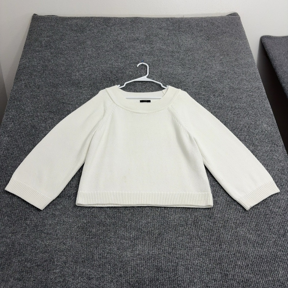 J Crew Sweater Womens M White Cotton Knit Crew Neck Casual Classic Preppy